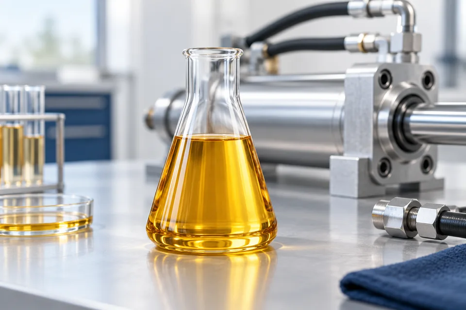 Imagen ilustrativa de aceite dorado junto a un sistema hidráulico